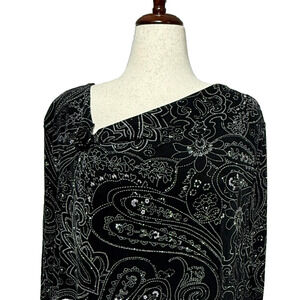 Java Top Womens 3X 26/28 Black Embellished Sparkle Floral Slinky Stretch Party